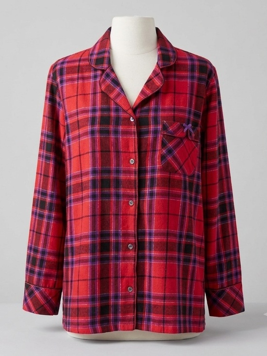 Victoria's Secret Other - Victoria's Secret Plaid Flannel Pajama Top Metallic Lurex Red Purple Size M